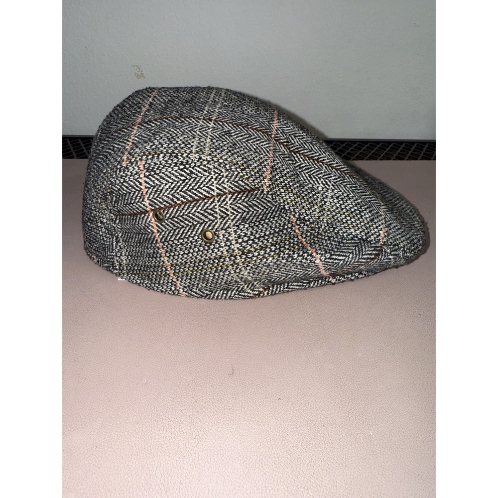 Gray Herringbone Plaid Flat Cap Newsboy Ivy Hat Mens SM‎ MED Polyester Lined